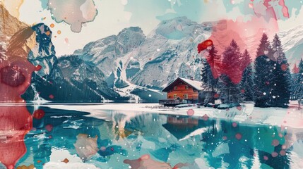 Wall Mural - A wooden cabin surrounded by water on a peaceful lake scene