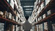 © MAGNIFIER - Employee examining the arrangement of goods on racks, large warehouse, back view