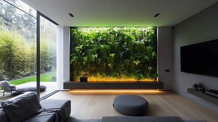 Canvas Print - A vertical wall-mounted terrarium filled with cascading ferns and moss, the lush plants flowing downward, illuminated by warm ambient lighting, creating a stunning living wall feature in a modern,