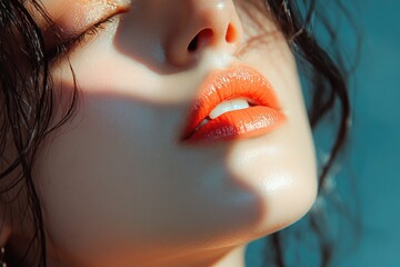 Poster - A close-up shot of a woman's face featuring a bright orange lip color