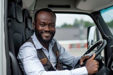 Wall Mural - a person sitting in the driver's seat of a truck, with a focus on the interior and dashboard