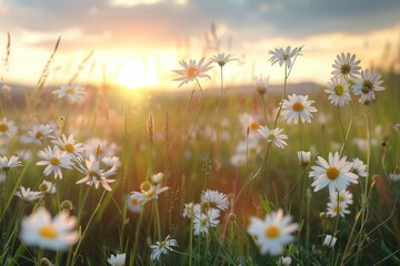 Beautiful spring and summer natural panoramic pastoral landscape with blooming field of daisies in the grass in the hilly countryside.