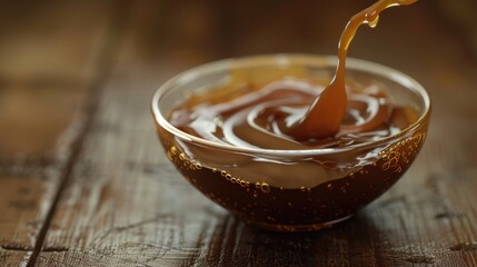 Poster - A bowl filled with liquid and a spoon resting on the side, ideal for still life photography or kitchen-related compositions