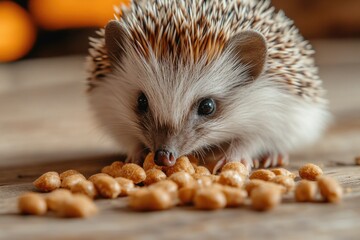 Canvas Print - A small hedgehog enjoying its meal from a bowl