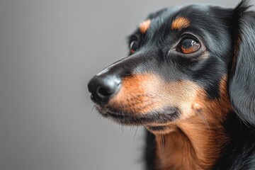 Canvas Print - A close-up shot of a dog's face on a gray background, perfect for use in pet-related designs or as a standalone image