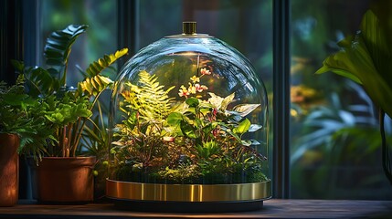 Sticker - A vintage terrarium with lush exotic plants inside a clear glass dome, the gold-accented base adding a luxurious touch, soft natural light creating a glow around the greenery,