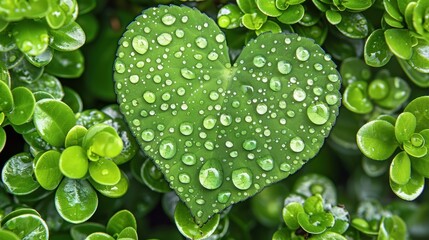 Canvas Print - vibrant green heart shaped leaf adorned with water droplets rests among lush green foliage, symbolizing natures beauty and freshness