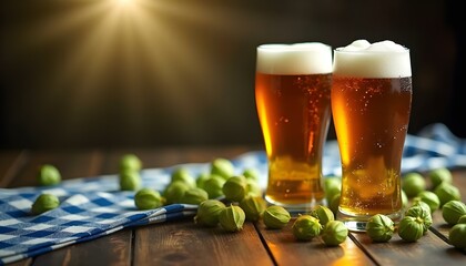 Two glasses of amber-colored beer with foam, surrounded by fresh green hops on a wooden table with a blue and white checkered cloth