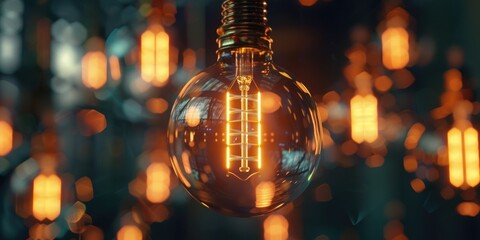 Wall Mural - close-up of a light bulb with multiple lights in the background, ideal for use in illustrations abou