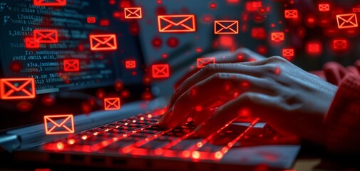Leinwandbilder - Person typing on a laptop with glowing red email icons in the background, symbolizing communication and digital interaction.