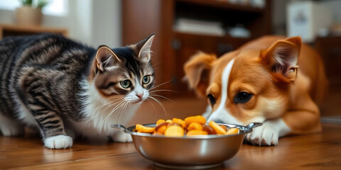 Curious cat and dog cautiously eye a shared bowl of food. Perfect image capturing animal interactions, expressions, and suspense, ideal for pet and lifestyle themes.