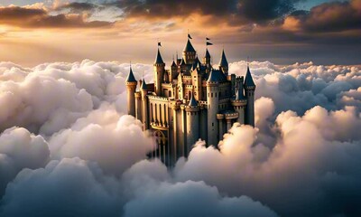 Wall Mural - castle in the sky floating in the clouds under a golden sunset