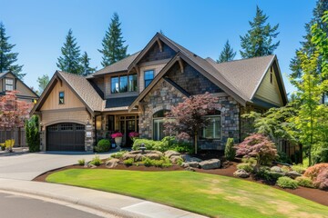 Sticker - A cozy house with a well-manicured lawn and surrounding greenery