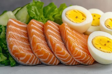 Fresh salmon slices paired with boiled eggs and crisp lettuce creating a vibrant and healthy meal