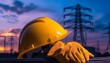 © JP STUDIO LAB - Closeup of yellow helmet and gloves with electric cable, sunset power grid in background, safety equipment concept, energy and industrial theme