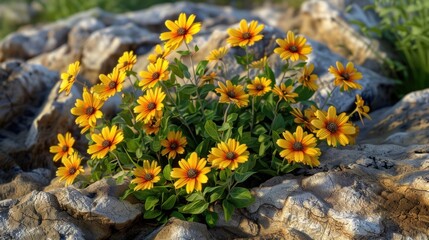 Canvas Print - Bright yellow flowers bloom vibrantly among textured rocks, creating stunning contrast in nature. This scene captures beauty of wildflowers thriving in their environment