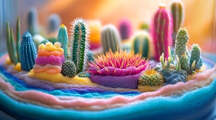 Wall Mural - An open terrarium showcasing a variety of colorful cacti, with intricate layers of sand art in bold contrasting colors like neon pink, blue, and green, set in a clear glass container,