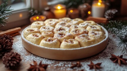 Cinnamon rolls dough rising in a cozy setting.