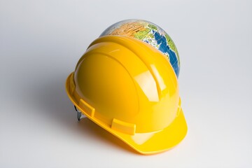 A bright yellow safety helmet placed on top of a detailed globe, symbolizing the intersection of construction safety and environmental stewardship