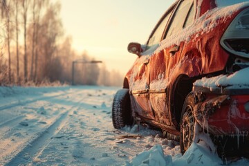 Poster - A red car is covered in snow on a snowy road