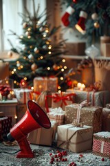 Wall Mural - Presents near Christmas tree, festive atmosphere