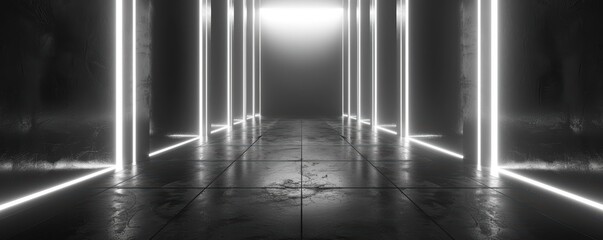 Aufkleber - Modern corridor with bright neon lights, creating a futuristic atmosphere with sleek reflections and minimalistic design.