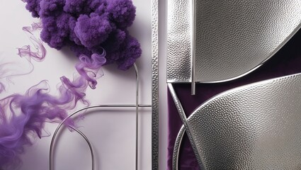 Wall Mural - Purple smoke swirls and a silver metal background with a purple velvet texture