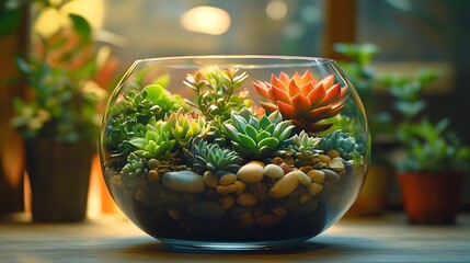 Canvas Print - A beautiful DIY terrarium kit with instructions, showcasing a variety of succulents and decorative stones in a clear glass bowl, the soft lighting creating a serene and inviting atmosphere,