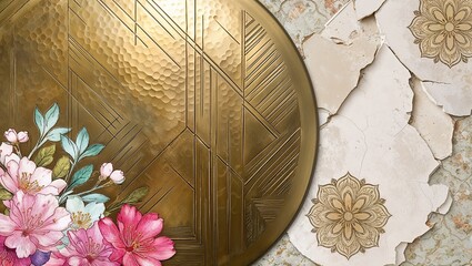 Poster - A brass tray with a geometric design and a floral motif.