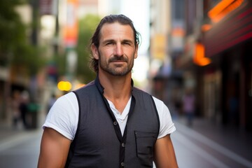 Portrait of a satisfied man in his 40s dressed in a breathable mesh vest isolated in vibrant market street background