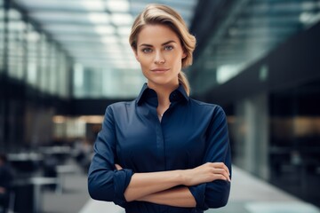 Wall Mural - Portrait of a merry woman in her 30s donning a classy polo shirt in front of sophisticated corporate office background