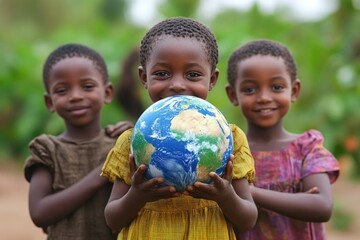 Wall Mural - Three kids holding a large globe, symbolizing unity and global connection