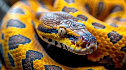 Sticker - A detailed view of a yellow and black striped snake's head and body