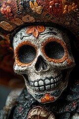 A close-up shot of a skull wearing a hat, great for use in Halloween-themed designs or as a symbol of mortality