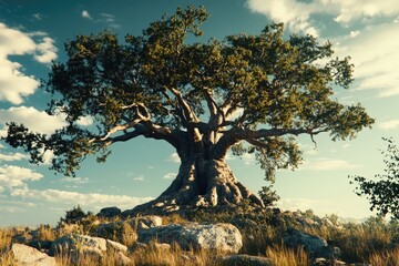 Poster - A large tree sits atop a lush green hillside, surrounded by nature