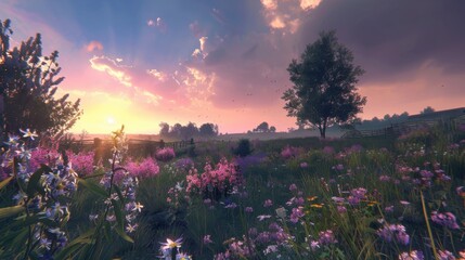 Sticker - serene landscape at sunset, featuring vibrant wildflowers and lush greenery. scene captures beauty of nature, with colorful sky and gentle light illuminating field