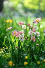 Wall Mural - A bouquet of colorful flowers growing amidst lush green grass