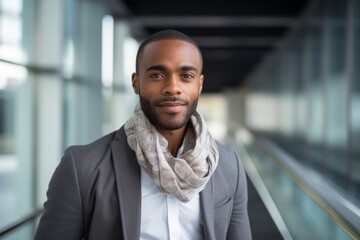 Sticker - Portrait of a satisfied afro-american man in his 30s wearing a versatile buff on sophisticated corporate office background