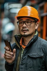 Canvas Print - A person wearing a hard hat and safety gear looks at their cell phone on the job site