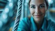 ©  Shomixer - A close-up of a smiling woman wearing a blue shirt at an industrial plant, surrounded by large steel cables, reflecting a positive and modern working environment.