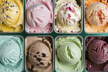 Sticker - Assorted ice cream flavors in tins arranged on a table