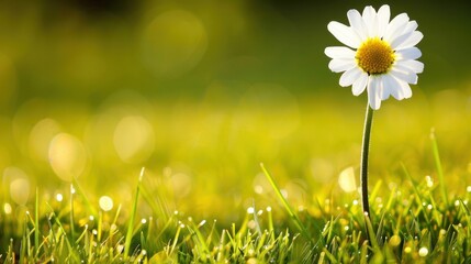 Wall Mural - single daisy flower stands tall in lush green field, surrounded by soft sunlight and gentle bokeh effect. This serene scene captures beauty of nature and evokes sense of tranquility