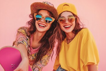 Canvas Print - Two young women posing with sunglasses and hats, casual outdoor scene