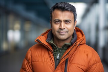 Sticker - Portrait of a satisfied indian man in his 40s donning a durable down jacket while standing against sophisticated corporate office background