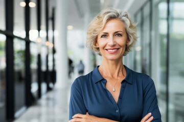 Sticker - Portrait of a grinning woman in her 50s dressed in a casual t-shirt in front of sophisticated corporate office background