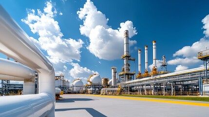 Industrial plant with blue sky and clouds.