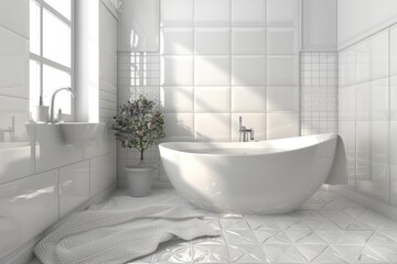 Wall Mural - A clean and modern bathroom featuring a white bathtub and sink