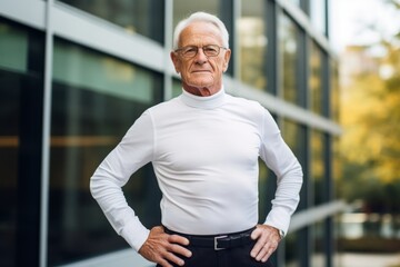 Poster - Portrait of a content man in his 80s showing off a lightweight base layer over sophisticated corporate office background