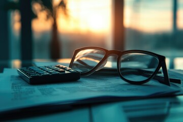 Canvas Print - A pair of glasses and a calculator on a desk