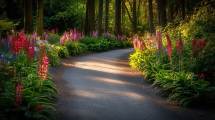 Poster - serene pathway meanders through vibrant garden filled with colorful flowers, creating peaceful and inviting atmosphere. sunlight filters through trees, enhancing beauty of scene